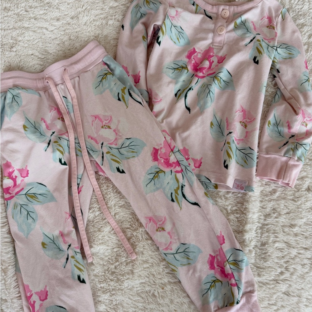 SweetHoney magnolia print Pink Floral Kids jogger Set with Mint Leaf Accents